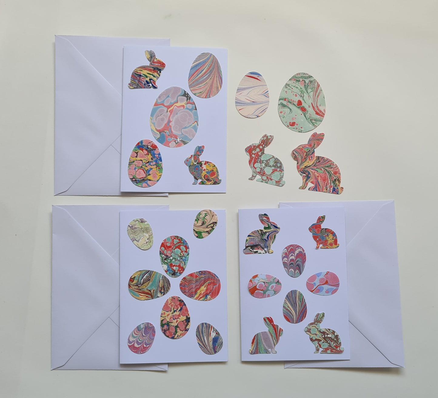 Easter Activity Set, Kids Card Designing Craft Set, Colourful Marbled Paper Ready Cut Eggs & Bunnies Card Maker Kit