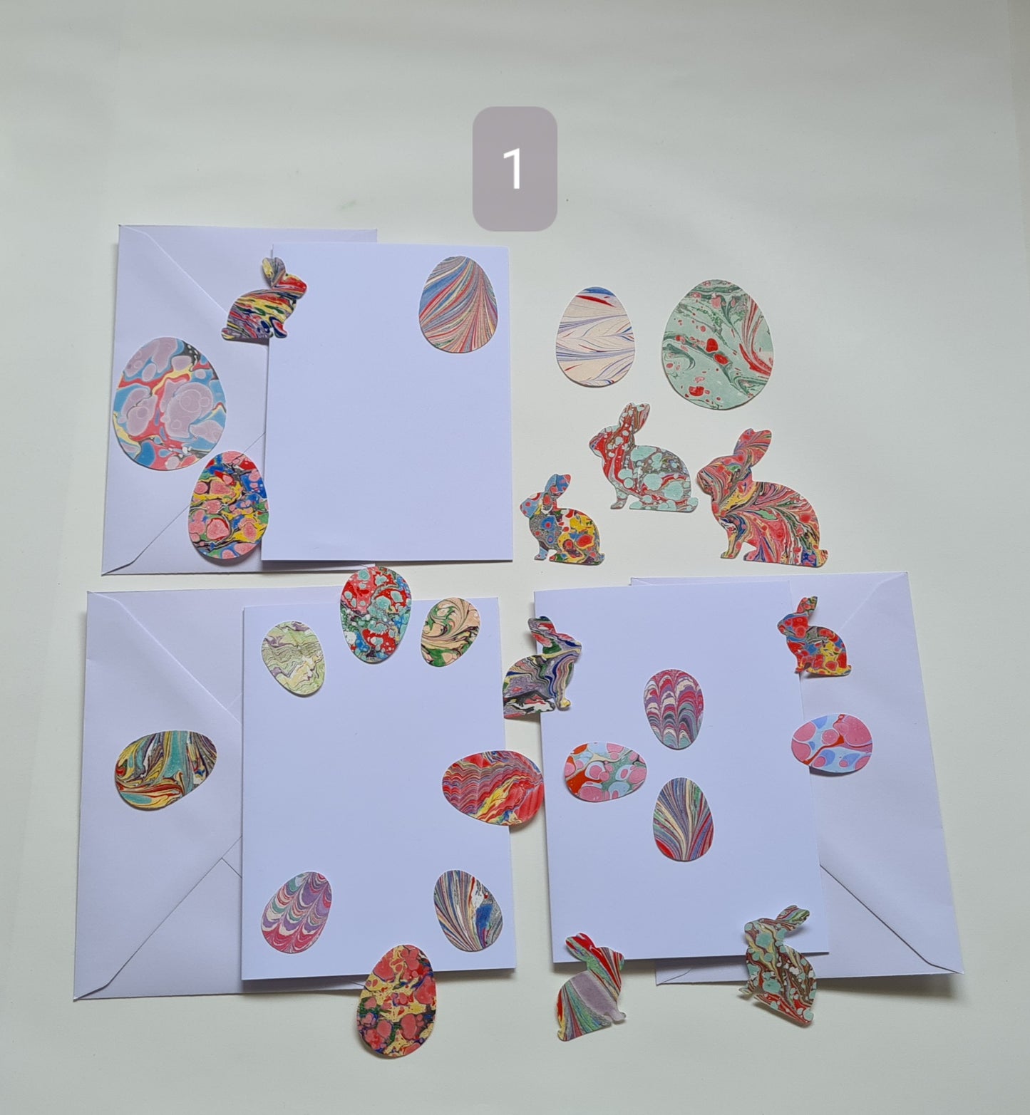 Easter Activity Set, Kids Card Designing Craft Set, Colourful Marbled Paper Ready Cut Eggs & Bunnies Card Maker Kit