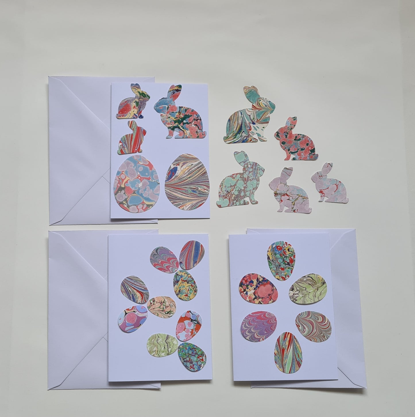 Easter Activity Set, Kids Card Designing Craft Set, Colourful Marbled Paper Ready Cut Eggs & Bunnies Card Maker Kit